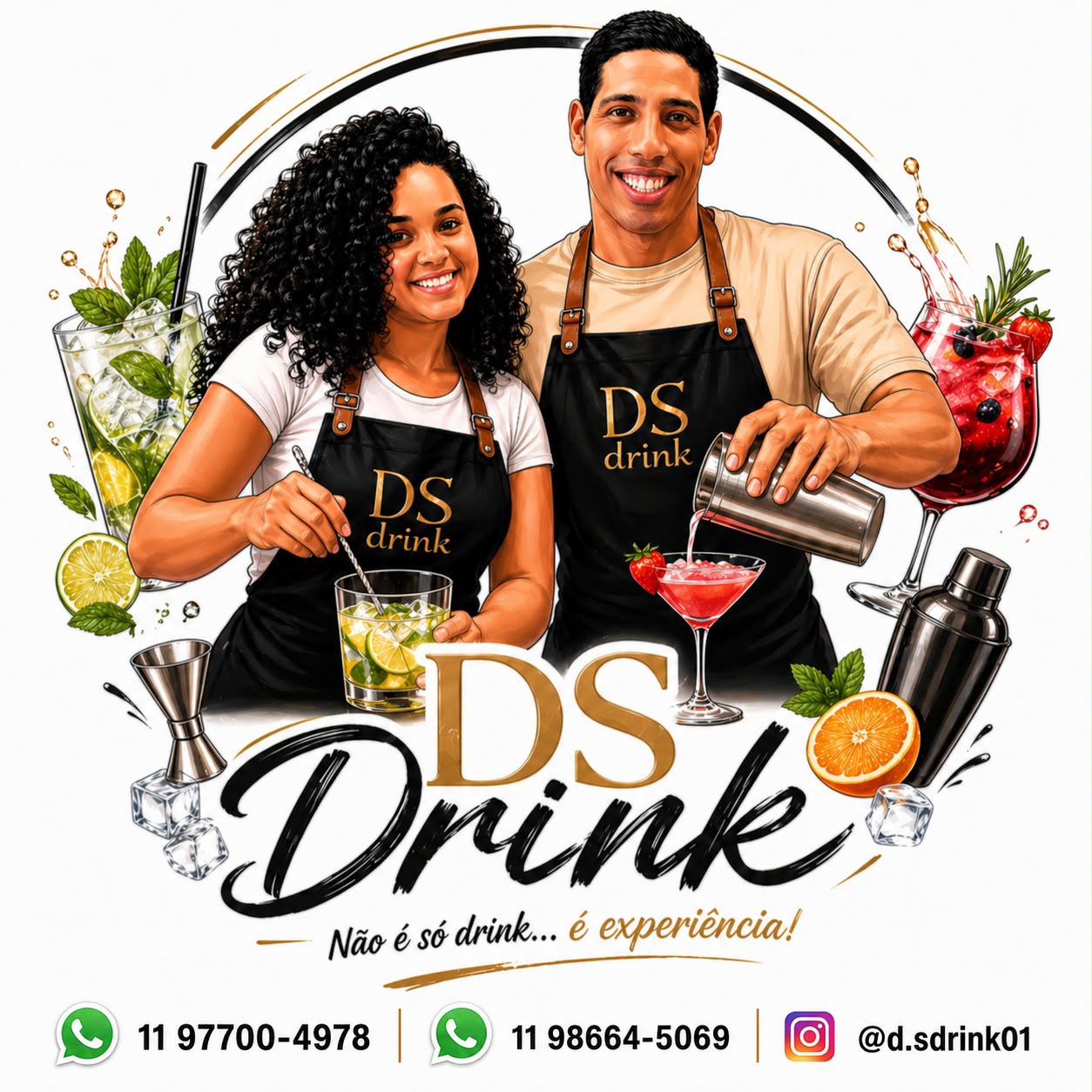 Arte da DS Drink com um casal preparando bebidas e a frase Não é só drink... é experiência!